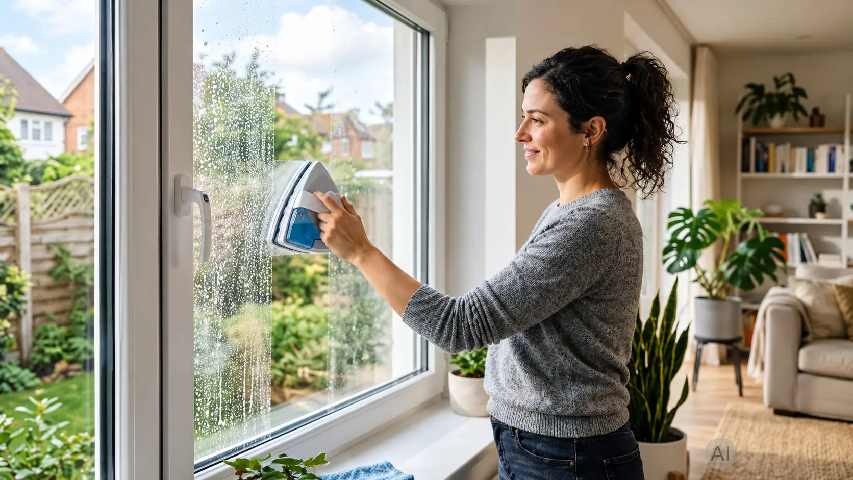 Frau führt CleanWin am Fenster, das zweite Teil folgt auf der Außenseite