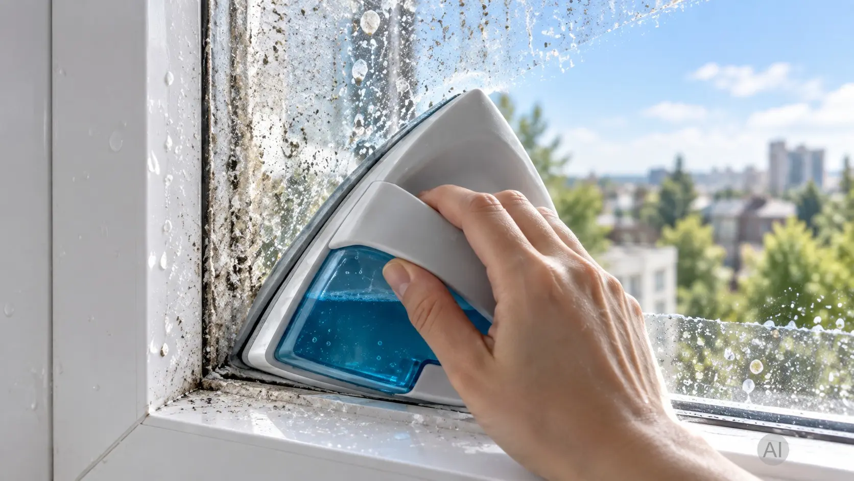 Dreieckspitze von CleanWin in der Ecke eines Fensterrahmens