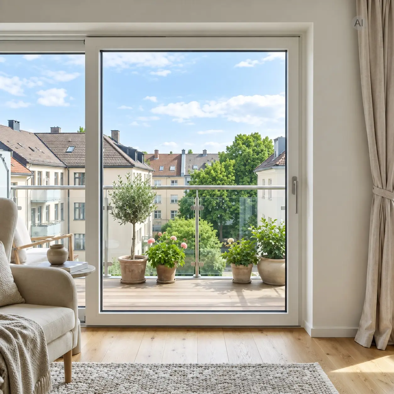 Klare Balkontür mit Blick nach draußen