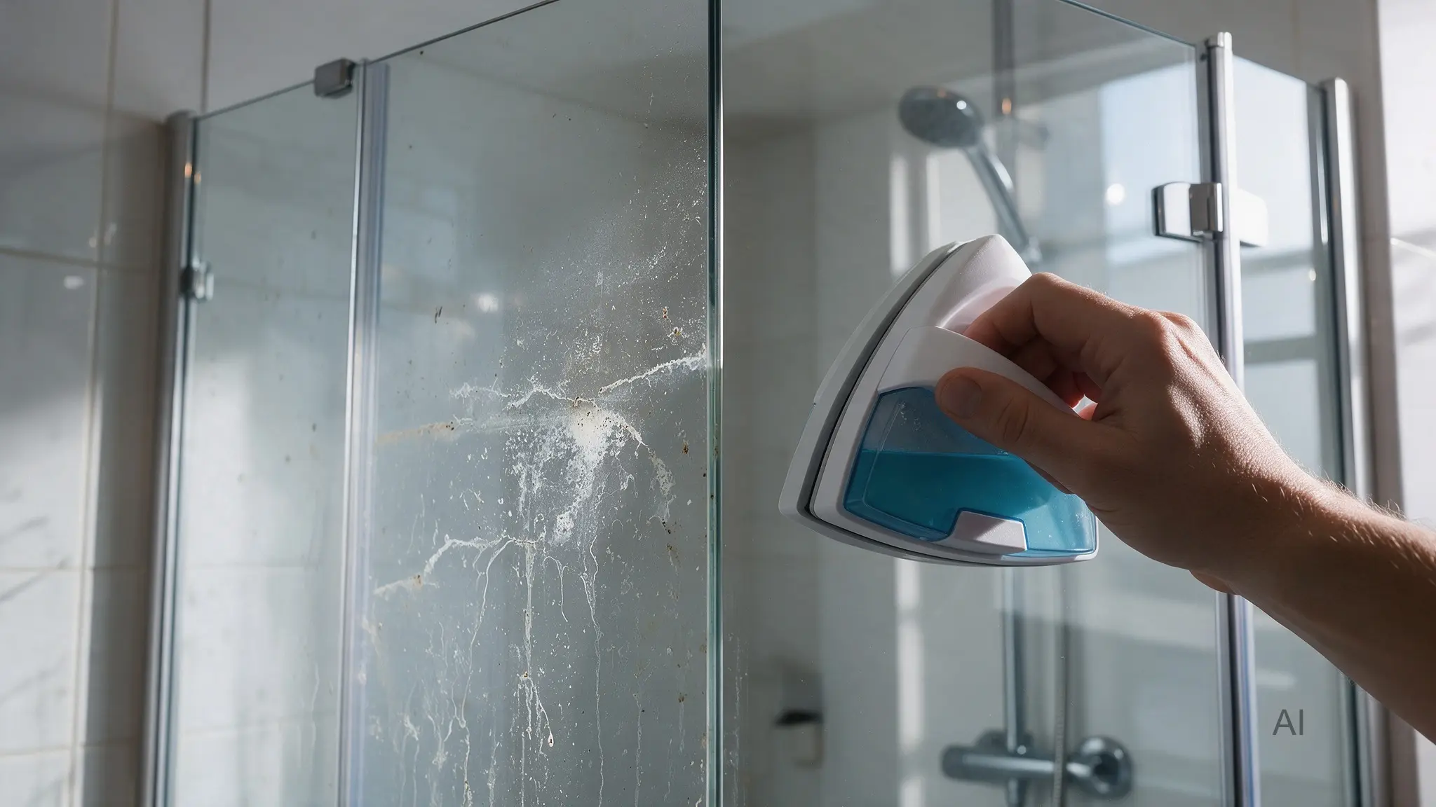 Glas im Badezimmer mit Kalk und Seifenresten in der Ecke, daneben die klare Fläche
